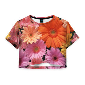 Женская футболка 3D укороченная с принтом Цветы , 100% полиэстер | круглая горловина, длина футболки до линии талии, рукава с отворотами | букет | георгины | жёлтый | красота | полевые | розовый | ромашки | фиолетовый | хризантемы | цветы