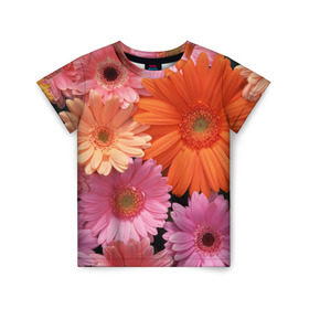 Детская футболка 3D с принтом Цветы , 100% гипоаллергенный полиэфир | прямой крой, круглый вырез горловины, длина до линии бедер, чуть спущенное плечо, ткань немного тянется | букет | георгины | жёлтый | красота | полевые | розовый | ромашки | фиолетовый | хризантемы | цветы