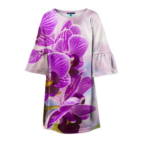 Детское платье 3D с принтом Божественная орхидея , 100% полиэстер | прямой силуэт, чуть расширенный к низу. Круглая горловина, на рукавах — воланы | 8 марта | букет | весна | красота | куст | лето | орхидея | подарок | сиреневый цвет | цветок | шикарный цветочек