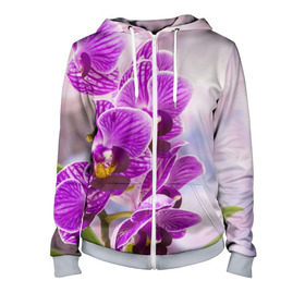 Женская толстовка 3D на молнии с принтом Божественная орхидея , 100% полиэстер | длина до линии бедра, манжеты и пояс оформлены мягкой тканевой резинкой, двухслойный капюшон со шнурком для регулировки, спереди молния, по бокам два кармана | 8 марта | букет | весна | красота | куст | лето | орхидея | подарок | сиреневый цвет | цветок | шикарный цветочек