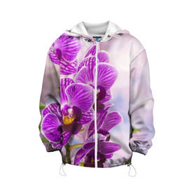 Детская куртка 3D с принтом Божественная орхидея , 100% полиэстер | застежка — молния, подол и капюшон оформлены резинкой с фиксаторами, по бокам — два кармана без застежек, один потайной карман на груди, плотность верхнего слоя — 90 г/м2; плотность флисового подклада — 260 г/м2 | Тематика изображения на принте: 8 марта | букет | весна | красота | куст | лето | орхидея | подарок | сиреневый цвет | цветок | шикарный цветочек