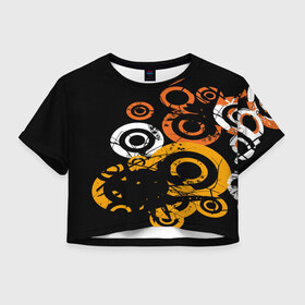 Женская футболка 3D укороченная с принтом Арт круги , 100% полиэстер | круглая горловина, длина футболки до линии талии, рукава с отворотами | белый | жёлтый | круги | оранжевый | узоры | цвета | чёрный