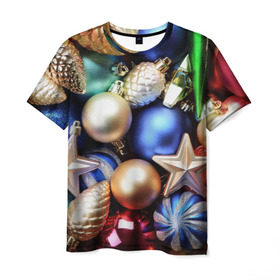 Мужская футболка 3D с принтом Игрушки на ёлку , 100% полиэфир | прямой крой, круглый вырез горловины, длина до линии бедер | Тематика изображения на принте: новогодний | рождество | шарики