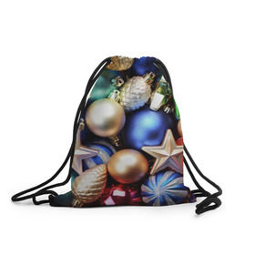 Рюкзак-мешок 3D с принтом Игрушки на ёлку , 100% полиэстер | плотность ткани — 200 г/м2, размер — 35 х 45 см; лямки — толстые шнурки, застежка на шнуровке, без карманов и подкладки | новогодний | рождество | шарики