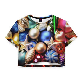 Женская футболка 3D укороченная с принтом Игрушки на ёлку , 100% полиэстер | круглая горловина, длина футболки до линии талии, рукава с отворотами | новогодний | рождество | шарики