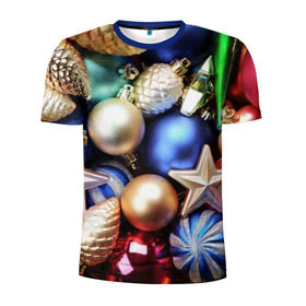 Мужская футболка 3D спортивная с принтом Игрушки на ёлку , 100% полиэстер с улучшенными характеристиками | приталенный силуэт, круглая горловина, широкие плечи, сужается к линии бедра | Тематика изображения на принте: новогодний | рождество | шарики
