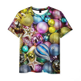 Мужская футболка 3D с принтом Новый год , 100% полиэфир | прямой крой, круглый вырез горловины, длина до линии бедер | елочные | игрушки | новогодний | разноцветный | рождество | украшения