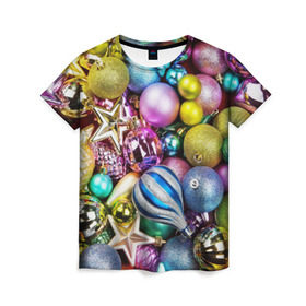 Женская футболка 3D с принтом Новый год , 100% полиэфир ( синтетическое хлопкоподобное полотно) | прямой крой, круглый вырез горловины, длина до линии бедер | елочные | игрушки | новогодний | разноцветный | рождество | украшения