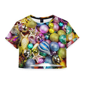 Женская футболка 3D укороченная с принтом Новый год , 100% полиэстер | круглая горловина, длина футболки до линии талии, рукава с отворотами | елочные | игрушки | новогодний | разноцветный | рождество | украшения