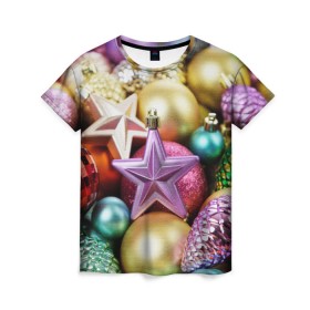 Женская футболка 3D с принтом Новогодние игрушки , 100% полиэфир ( синтетическое хлопкоподобное полотно) | прямой крой, круглый вырез горловины, длина до линии бедер | новогодний | рождество | шарики