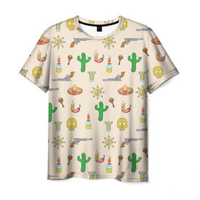 Мужская футболка 3D с принтом Мексиканский коллаж , 100% полиэфир | прямой крой, круглый вырез горловины, длина до линии бедер | Тематика изображения на принте: кактус | коллад | мексика | револьвер | черепа | чили