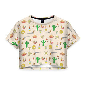 Женская футболка 3D укороченная с принтом Мексиканский коллаж , 100% полиэстер | круглая горловина, длина футболки до линии талии, рукава с отворотами | кактус | коллад | мексика | револьвер | черепа | чили