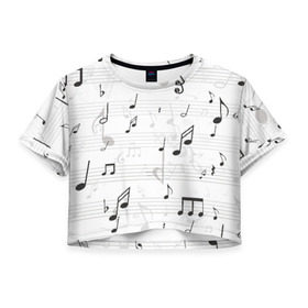 Женская футболка 3D укороченная с принтом ноты , 100% полиэстер | круглая горловина, длина футболки до линии талии, рукава с отворотами | музыка | ноты | струны