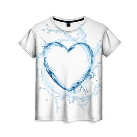 Женская футболка 3D с принтом Водяное сердце , 100% полиэфир ( синтетическое хлопкоподобное полотно) | прямой крой, круглый вырез горловины, длина до линии бедер | брызги | вода | жидкость | капли | кольцо | круг | сердце | синий