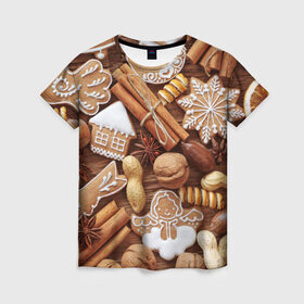 Женская футболка 3D с принтом Новогодние вкусняшки , 100% полиэфир ( синтетическое хлопкоподобное полотно) | прямой крой, круглый вырез горловины, длина до линии бедер | вкусняшки | конфеты | лакомство | леденцы | новый год | обжора | объедение | орешки | печенки | праздник | сладкоежка | сладости
