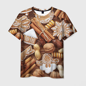 Мужская футболка 3D с принтом Новогодние вкусняшки , 100% полиэфир | прямой крой, круглый вырез горловины, длина до линии бедер | Тематика изображения на принте: вкусняшки | конфеты | лакомство | леденцы | новый год | обжора | объедение | орешки | печенки | праздник | сладкоежка | сладости