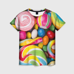 Женская футболка 3D с принтом Вкусняшки , 100% полиэфир ( синтетическое хлопкоподобное полотно) | прямой крой, круглый вырез горловины, длина до линии бедер | вкусняшки | драже | конфеты | лакомство | леденцы | мармелад | обжора | объедение | орешки | праздник | сладкоежка | сладости | шоколад