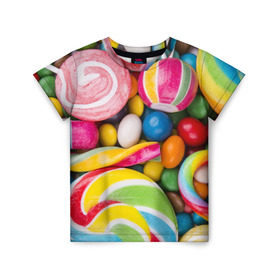 Детская футболка 3D с принтом Вкусняшки , 100% гипоаллергенный полиэфир | прямой крой, круглый вырез горловины, длина до линии бедер, чуть спущенное плечо, ткань немного тянется | вкусняшки | драже | конфеты | лакомство | леденцы | мармелад | обжора | объедение | орешки | праздник | сладкоежка | сладости | шоколад