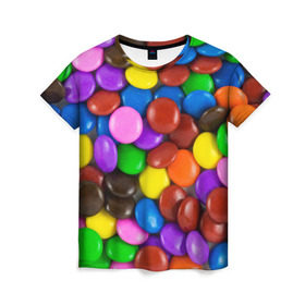 Женская футболка 3D с принтом Цветные конфетки , 100% полиэфир ( синтетическое хлопкоподобное полотно) | прямой крой, круглый вырез горловины, длина до линии бедер | Тематика изображения на принте: вкусняшки | драже | конфеты | лакомство | сладости | шоколад