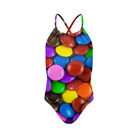 Детский купальник 3D с принтом Цветные конфетки , Полиэстер 85%, Спандекс 15% | Слитный крой, подклад по переду изделия, узкие бретели | Тематика изображения на принте: вкусняшки | драже | конфеты | лакомство | сладости | шоколад