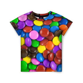 Детская футболка 3D с принтом Цветные конфетки , 100% гипоаллергенный полиэфир | прямой крой, круглый вырез горловины, длина до линии бедер, чуть спущенное плечо, ткань немного тянется | вкусняшки | драже | конфеты | лакомство | сладости | шоколад