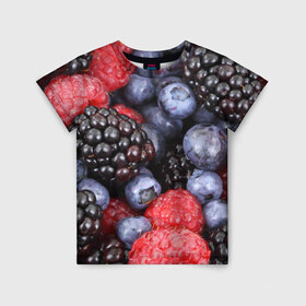 Детская футболка 3D с принтом Ягодки , 100% гипоаллергенный полиэфир | прямой крой, круглый вырез горловины, длина до линии бедер, чуть спущенное плечо, ткань немного тянется | вкусно | голубика | дача | деревня | ежевика | клубника | малина | огород | полезно | сад | смородина | сок | фрукты | черника | ягоды