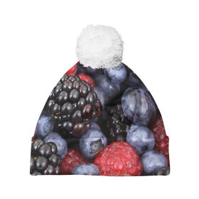 Шапка 3D c помпоном с принтом Ягодки , 100% полиэстер | универсальный размер, печать по всей поверхности изделия | вкусно | голубика | дача | деревня | ежевика | клубника | малина | огород | полезно | сад | смородина | сок | фрукты | черника | ягоды