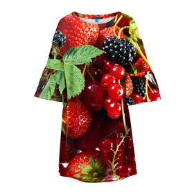 Детское платье 3D с принтом Любимые ягоды , 100% полиэстер | прямой силуэт, чуть расширенный к низу. Круглая горловина, на рукавах — воланы | Тематика изображения на принте: вкусно | голубика | дача | деревня | ежевика | зелень | клубника | малина | огород | полезно | сад | смородина | сок | фрукты | черника | шиповник | ягоды
