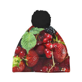 Шапка 3D c помпоном с принтом Любимые ягоды , 100% полиэстер | универсальный размер, печать по всей поверхности изделия | вкусно | голубика | дача | деревня | ежевика | зелень | клубника | малина | огород | полезно | сад | смородина | сок | фрукты | черника | шиповник | ягоды