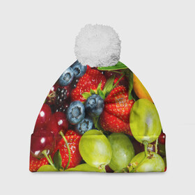 Шапка 3D c помпоном с принтом Вкусные ягоды , 100% полиэстер | универсальный размер, печать по всей поверхности изделия | виноград | вкусно | голубика | дача | деревня | ежевика | клубника | малина | огород | полезно | рябина | сад | смородина | сок | фрукты | черника | ягоды
