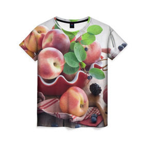 Женская футболка 3D с принтом Персики , 100% полиэфир ( синтетическое хлопкоподобное полотно) | прямой крой, круглый вырез горловины, длина до линии бедер | ваза | витамины | здоровье | лакомство | мёд | овощи | персики | сладости | тарелка | фрукты | черника | ягоды
