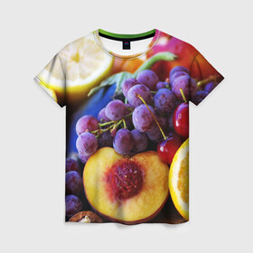 Женская футболка 3D с принтом Спелые фрукты , 100% полиэфир ( синтетическое хлопкоподобное полотно) | прямой крой, круглый вырез горловины, длина до линии бедер | абрикос | алыча | апельсин | бодрость | веган | виноград | витамины | груша | диета | еда | здоровье | лайм | лимон | молодость | нектар | овощи | персик | питание | польза | сок | фрукты | яблоко | ягоды