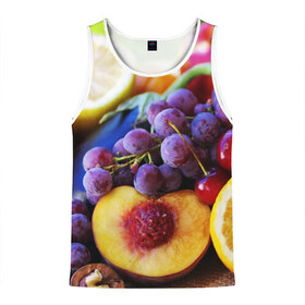 Мужская майка 3D с принтом Спелые фрукты , 100% полиэстер | круглая горловина, приталенный силуэт, длина до линии бедра. Пройма и горловина окантованы тонкой бейкой | Тематика изображения на принте: абрикос | алыча | апельсин | бодрость | веган | виноград | витамины | груша | диета | еда | здоровье | лайм | лимон | молодость | нектар | овощи | персик | питание | польза | сок | фрукты | яблоко | ягоды