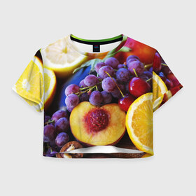 Женская футболка 3D укороченная с принтом Спелые фрукты , 100% полиэстер | круглая горловина, длина футболки до линии талии, рукава с отворотами | абрикос | алыча | апельсин | бодрость | веган | виноград | витамины | груша | диета | еда | здоровье | лайм | лимон | молодость | нектар | овощи | персик | питание | польза | сок | фрукты | яблоко | ягоды