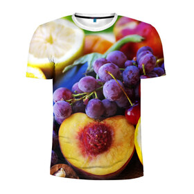 Мужская футболка 3D спортивная с принтом Спелые фрукты , 100% полиэстер с улучшенными характеристиками | приталенный силуэт, круглая горловина, широкие плечи, сужается к линии бедра | Тематика изображения на принте: абрикос | алыча | апельсин | бодрость | веган | виноград | витамины | груша | диета | еда | здоровье | лайм | лимон | молодость | нектар | овощи | персик | питание | польза | сок | фрукты | яблоко | ягоды