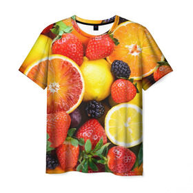 Мужская футболка 3D с принтом Ягоды и фрукты , 100% полиэфир | прямой крой, круглый вырез горловины, длина до линии бедер | абрикос | алыча | апельсин | бодрость | веган | виноград | витамины | груша | диета | еда | здоровье | клубника | лайм | лимон | малина | молодость | нектар | овощи | персик | питание | польза | смородина