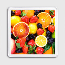 Магнит 55*55 с принтом Ягоды и фрукты , Пластик | Размер: 65*65 мм; Размер печати: 55*55 мм | абрикос | алыча | апельсин | бодрость | веган | виноград | витамины | груша | диета | еда | здоровье | клубника | лайм | лимон | малина | молодость | нектар | овощи | персик | питание | польза | смородина
