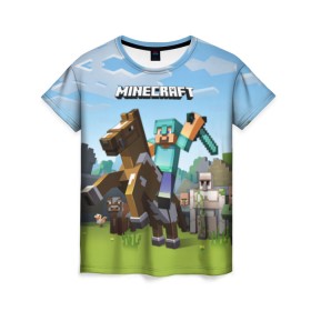 Женская футболка 3D с принтом Minecraft на коне , 100% полиэфир ( синтетическое хлопкоподобное полотно) | прямой крой, круглый вырез горловины, длина до линии бедер | game | minecraft | игры | маинкрафт | майн | майнкравт | майнкрафт