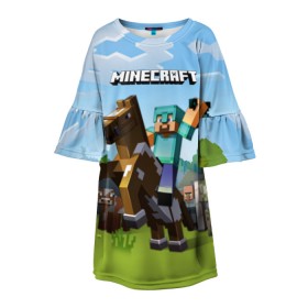 Детское платье 3D с принтом Minecraft на коне , 100% полиэстер | прямой силуэт, чуть расширенный к низу. Круглая горловина, на рукавах — воланы | Тематика изображения на принте: game | minecraft | игры | маинкрафт | майн | майнкравт | майнкрафт