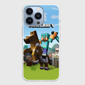 Чехол для iPhone 13 Pro с принтом Minecraft на коне ,  |  | Тематика изображения на принте: game | minecraft | игры | маинкрафт | майн | майнкравт | майнкрафт