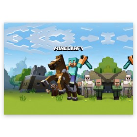 Поздравительная открытка с принтом Minecraft на коне , 100% бумага | плотность бумаги 280 г/м2, матовая, на обратной стороне линовка и место для марки
 | game | minecraft | игры | маинкрафт | майн | майнкравт | майнкрафт