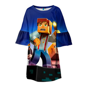 Детское платье 3D с принтом Minecraft , 100% полиэстер | прямой силуэт, чуть расширенный к низу. Круглая горловина, на рукавах — воланы | Тематика изображения на принте: game | minecraft | игры | маинкрафт | майн | майнкравт | майнкрафт