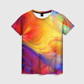 Женская футболка 3D с принтом Красочная фантазия , 100% полиэфир ( синтетическое хлопкоподобное полотно) | прямой крой, круглый вырез горловины, длина до линии бедер | галлюцинация | душевно | искусство | красиво | краски | красочно | мечта | мираж | палитра | переливы | радуга | свежо | сон | спектр | фантазия