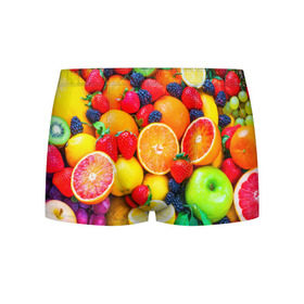 Мужские трусы 3D с принтом Ягоды и фрукты , 50% хлопок, 50% полиэстер | классическая посадка, на поясе мягкая тканевая резинка | Тематика изображения на принте: апельсин | ежевика | клубника | фрукты | ягода