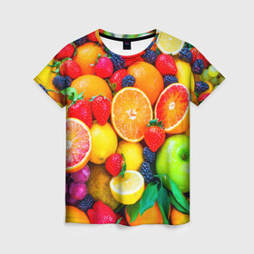 Женская футболка 3D с принтом Ягоды и фрукты , 100% полиэфир ( синтетическое хлопкоподобное полотно) | прямой крой, круглый вырез горловины, длина до линии бедер | апельсин | ежевика | клубника | фрукты | ягода