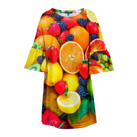 Детское платье 3D с принтом Ягоды и фрукты , 100% полиэстер | прямой силуэт, чуть расширенный к низу. Круглая горловина, на рукавах — воланы | апельсин | ежевика | клубника | фрукты | ягода