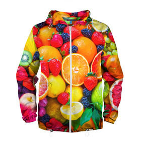 Мужская ветровка 3D с принтом Ягоды и фрукты , 100% полиэстер | подол и капюшон оформлены резинкой с фиксаторами, два кармана без застежек по бокам, один потайной карман на груди | апельсин | ежевика | клубника | фрукты | ягода
