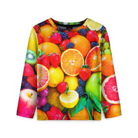 Детский лонгслив 3D с принтом Ягоды и фрукты , 100% полиэстер | длинные рукава, круглый вырез горловины, полуприлегающий силуэт
 | апельсин | ежевика | клубника | фрукты | ягода