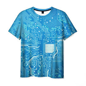 Мужская футболка 3D с принтом Системная плата , 100% полиэфир | прямой крой, круглый вырез горловины, длина до линии бедер | кибер | микросхема | синий