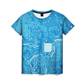 Женская футболка 3D с принтом Системная плата , 100% полиэфир ( синтетическое хлопкоподобное полотно) | прямой крой, круглый вырез горловины, длина до линии бедер | кибер | микросхема | синий